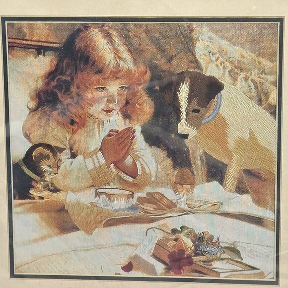 Simplicity Stitchery Suspense Praying Girl Dog Kitten Crewel Yarn Embroidery NIP - Picture 2 of 6